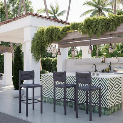 Set of Two 30" Black Rattan And Aluminum Low Back Bar Height Bar Chairs HomeRoots