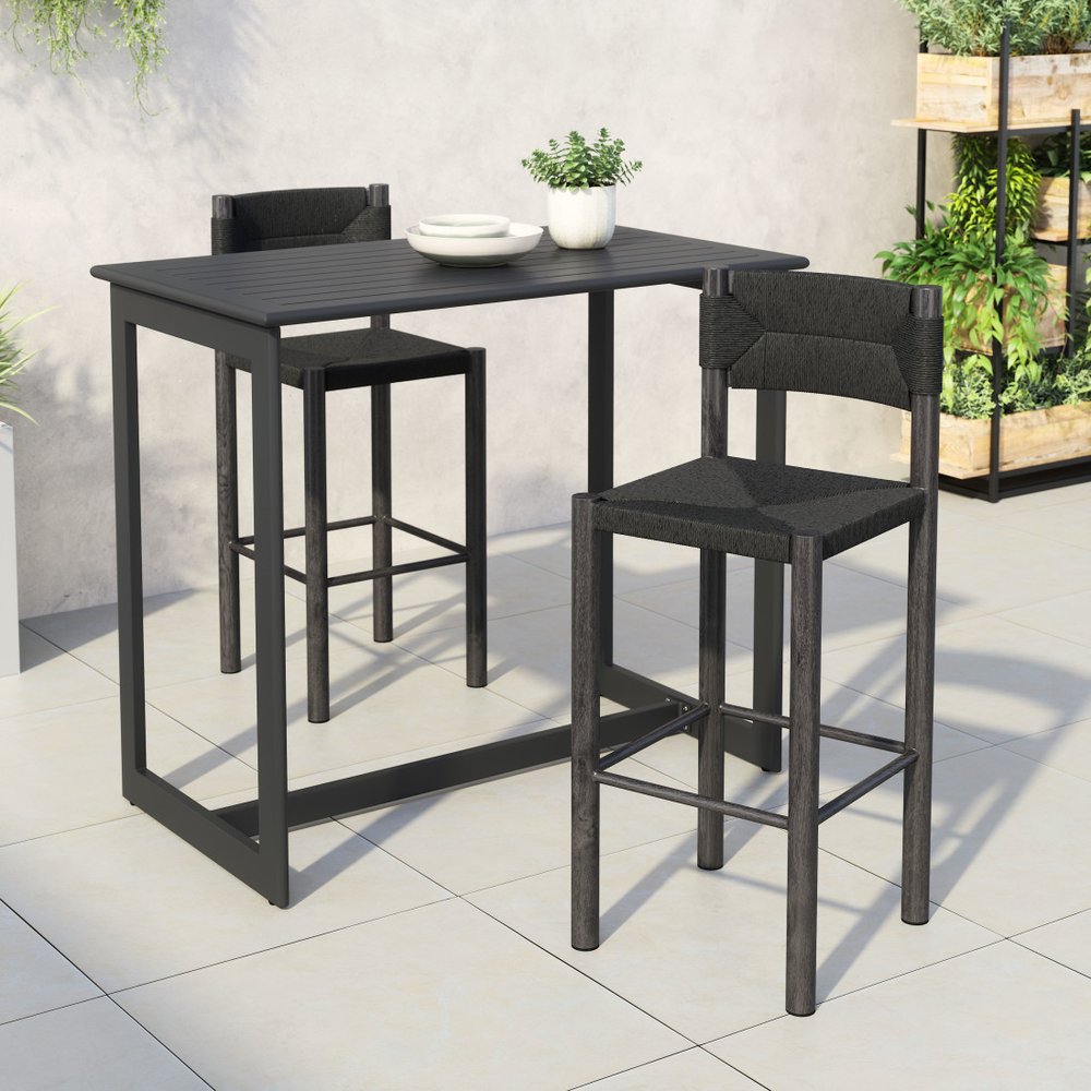 Set of Two 30" Black Rattan and Aluminum Low Back Bar Height Bar Chairs HomeRoots