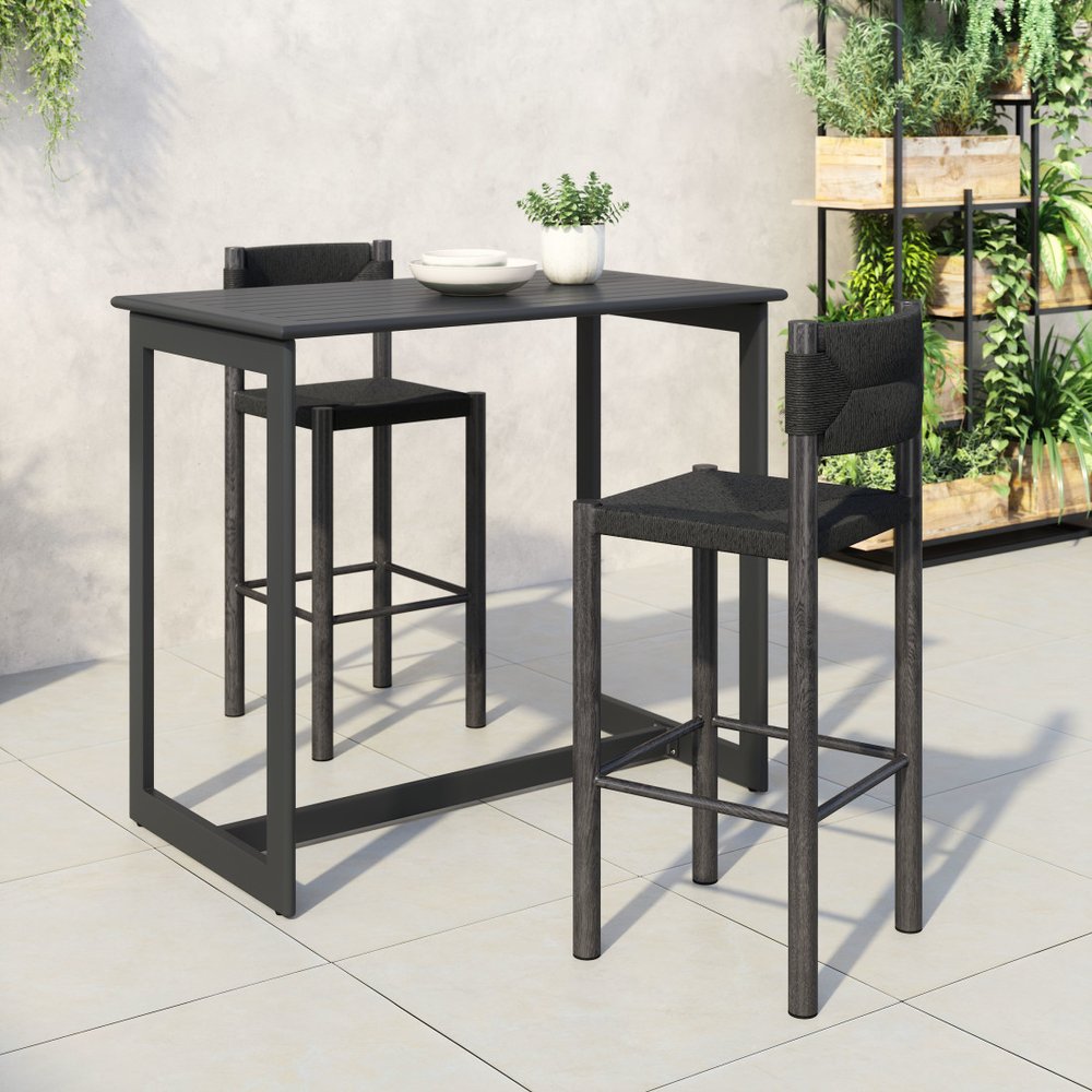 Set of Two 30" Black Rattan and Aluminum Low Back Bar Height Bar Chairs HomeRoots