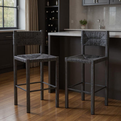 Set of Two 30" Black Rattan And Aluminum Low Back Bar Height Bar Chairs HomeRoots