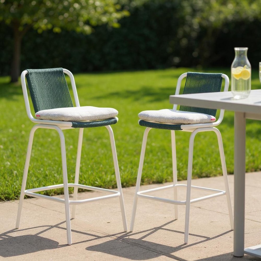 Set of Two White and Green Woven Back And Aluminum Counter Height Bar Chairs HomeRoots