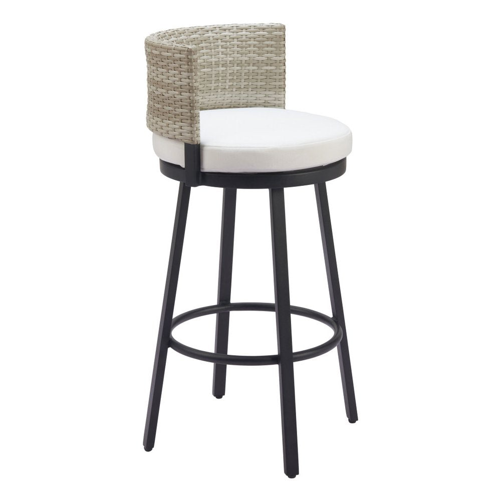 31" Black Natural and White Aluminum And Faux Rattan Swivel Bar Height Bar Chair HomeRoots