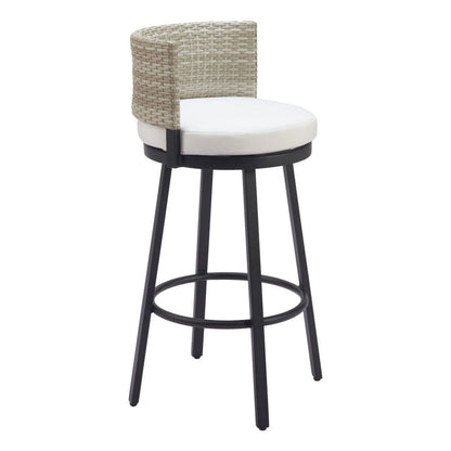 31" Black Natural and White Aluminum And Faux Rattan Swivel Bar Height Bar Chair HomeRoots