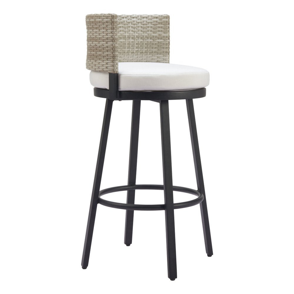 31" Black Natural and White Aluminum And Faux Rattan Swivel Bar Height Bar Chair HomeRoots
