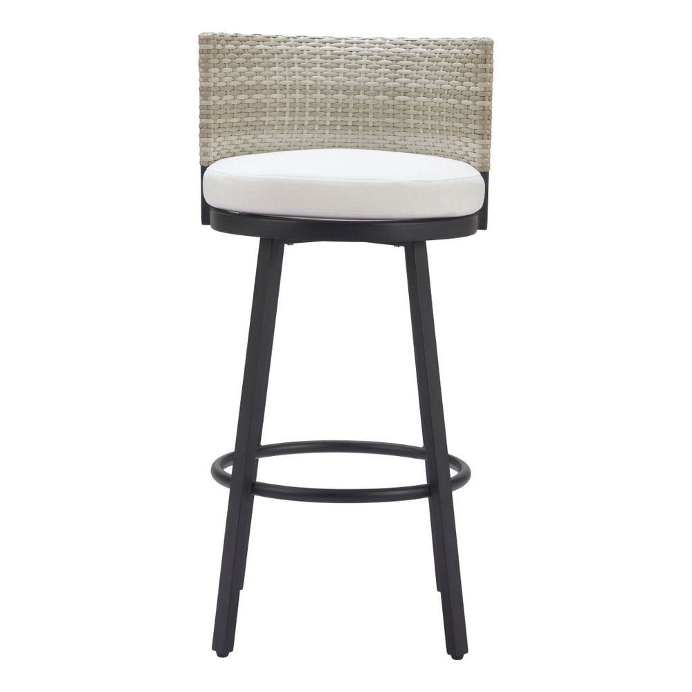 31" Black Natural and White Aluminum And Faux Rattan Swivel Bar Height Bar Chair HomeRoots