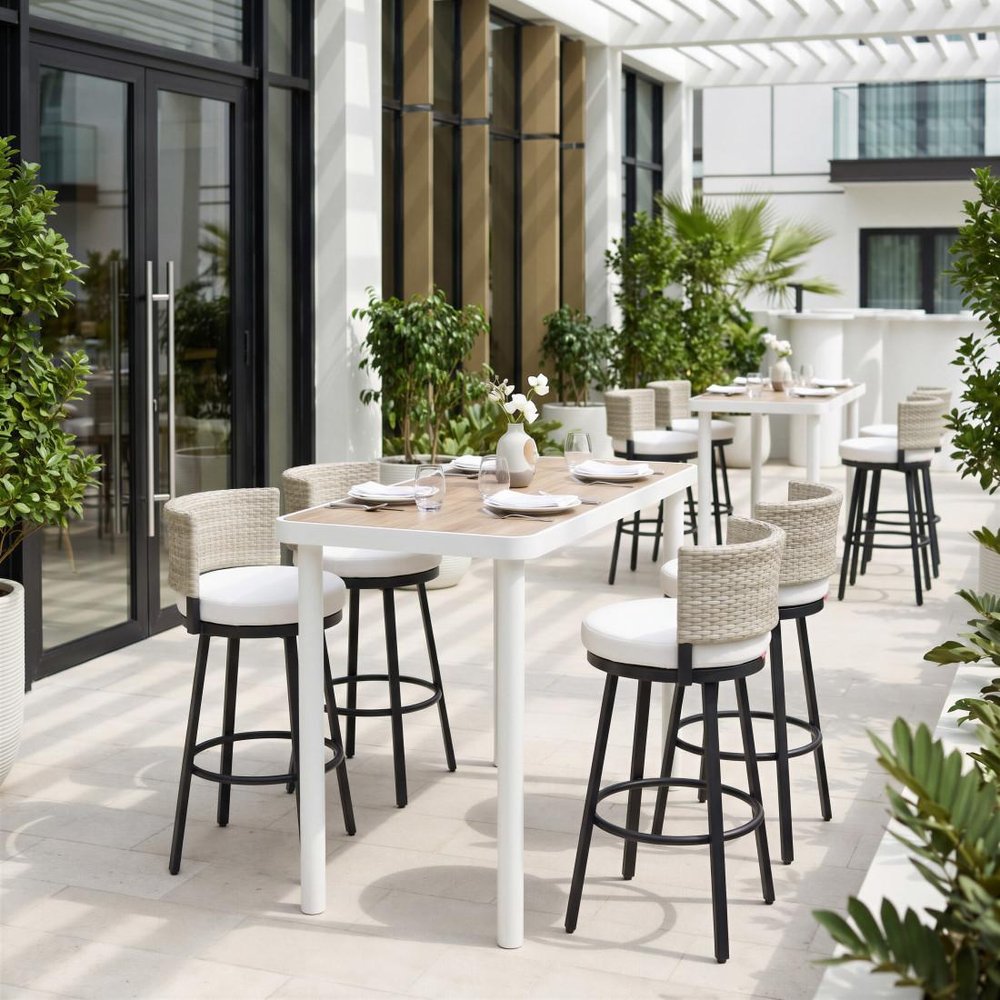 31" Black Natural and White Aluminum And Faux Rattan Swivel Bar Height Bar Chair HomeRoots