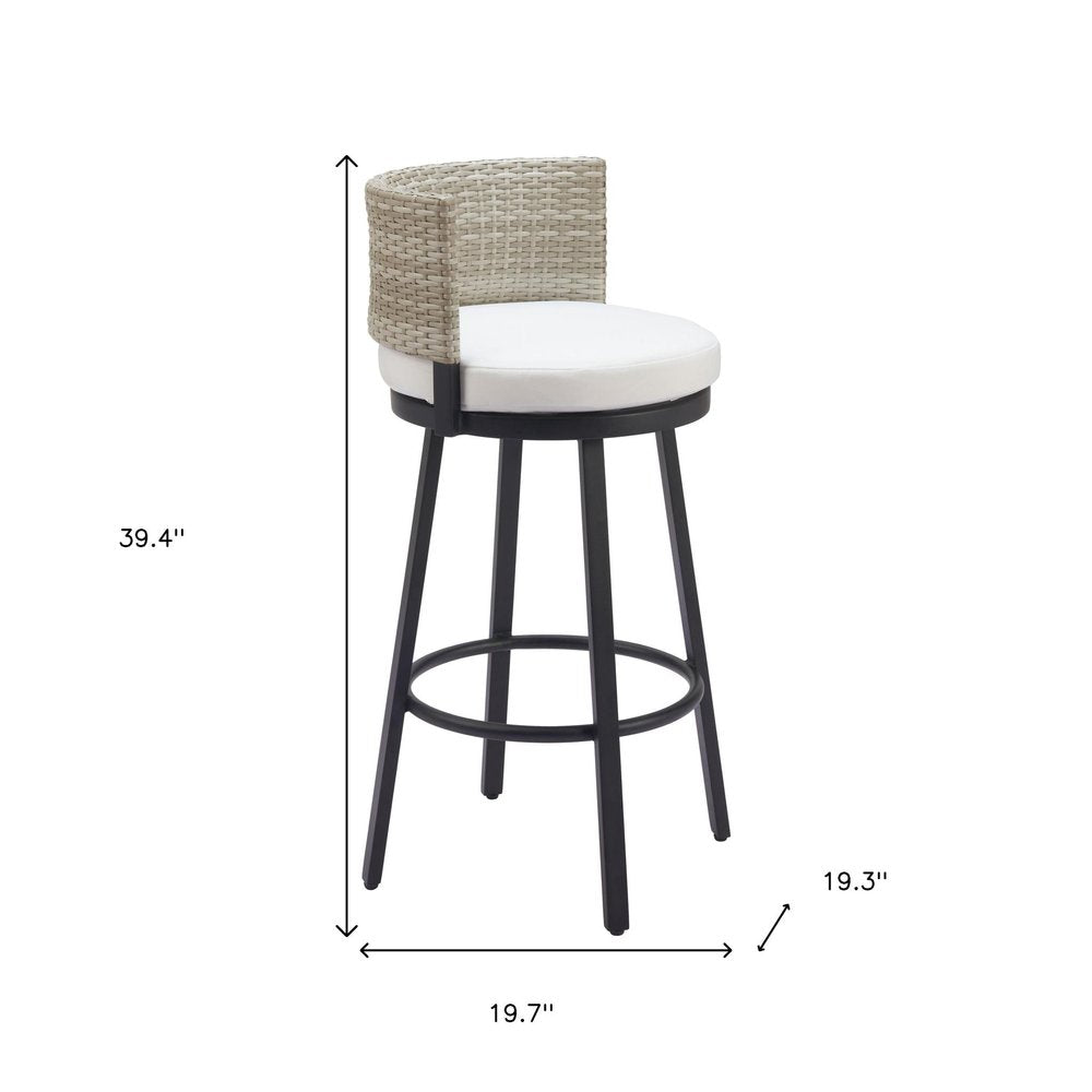 31" Black Natural and White Aluminum And Faux Rattan Swivel Bar Height Bar Chair HomeRoots