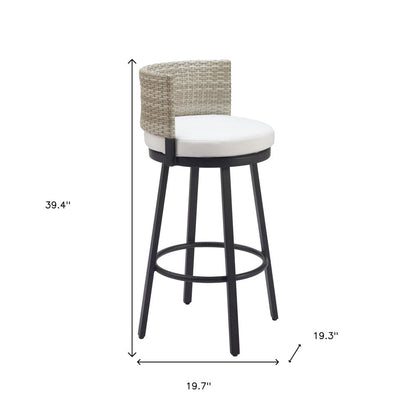 31" Black Natural and White Aluminum And Faux Rattan Swivel Bar Height Bar Chair HomeRoots