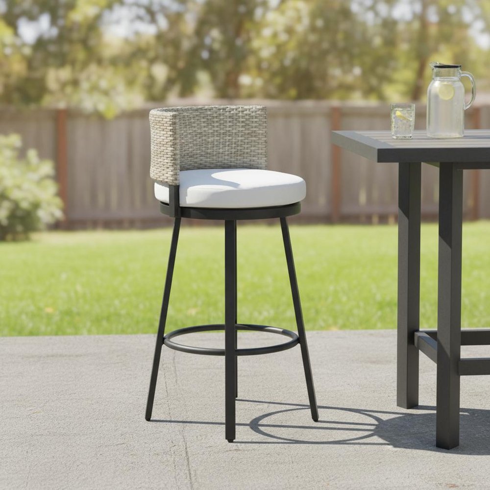 31" Black Natural and White Aluminum And Faux Rattan Swivel Bar Height Bar Chair HomeRoots
