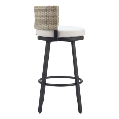 31" Black Natural and White Aluminum And Faux Rattan Swivel Bar Height Bar Chair HomeRoots