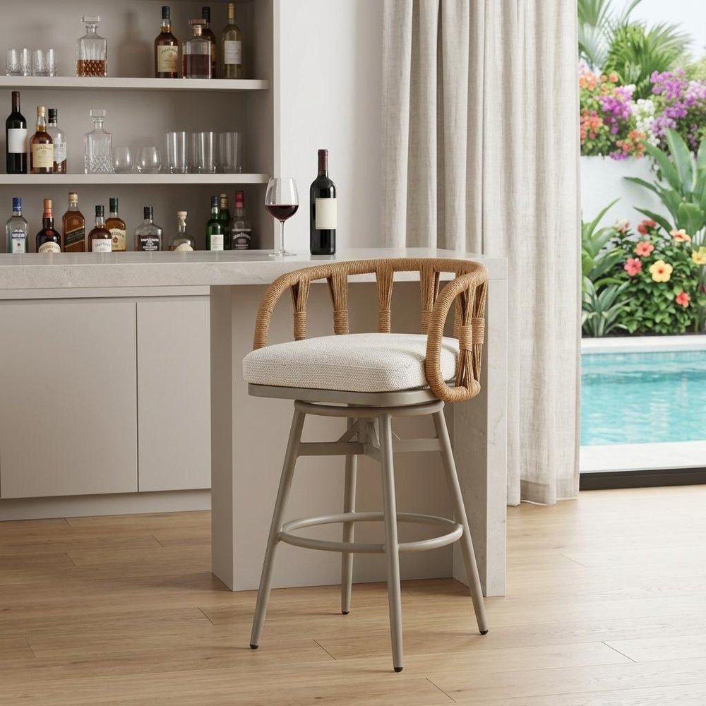 30" Gray Natural and White Aluminum And Faux Rattan Swivel Bar Height Chair HomeRoots