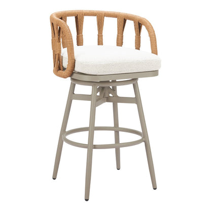 30" Gray Natural and White Aluminum And Faux Rattan Swivel Bar Height Chair HomeRoots