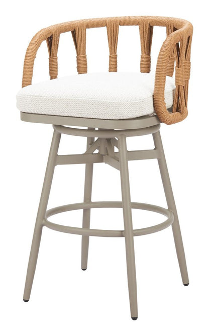 30" Gray Natural and White Aluminum And Faux Rattan Swivel Bar Height Chair HomeRoots