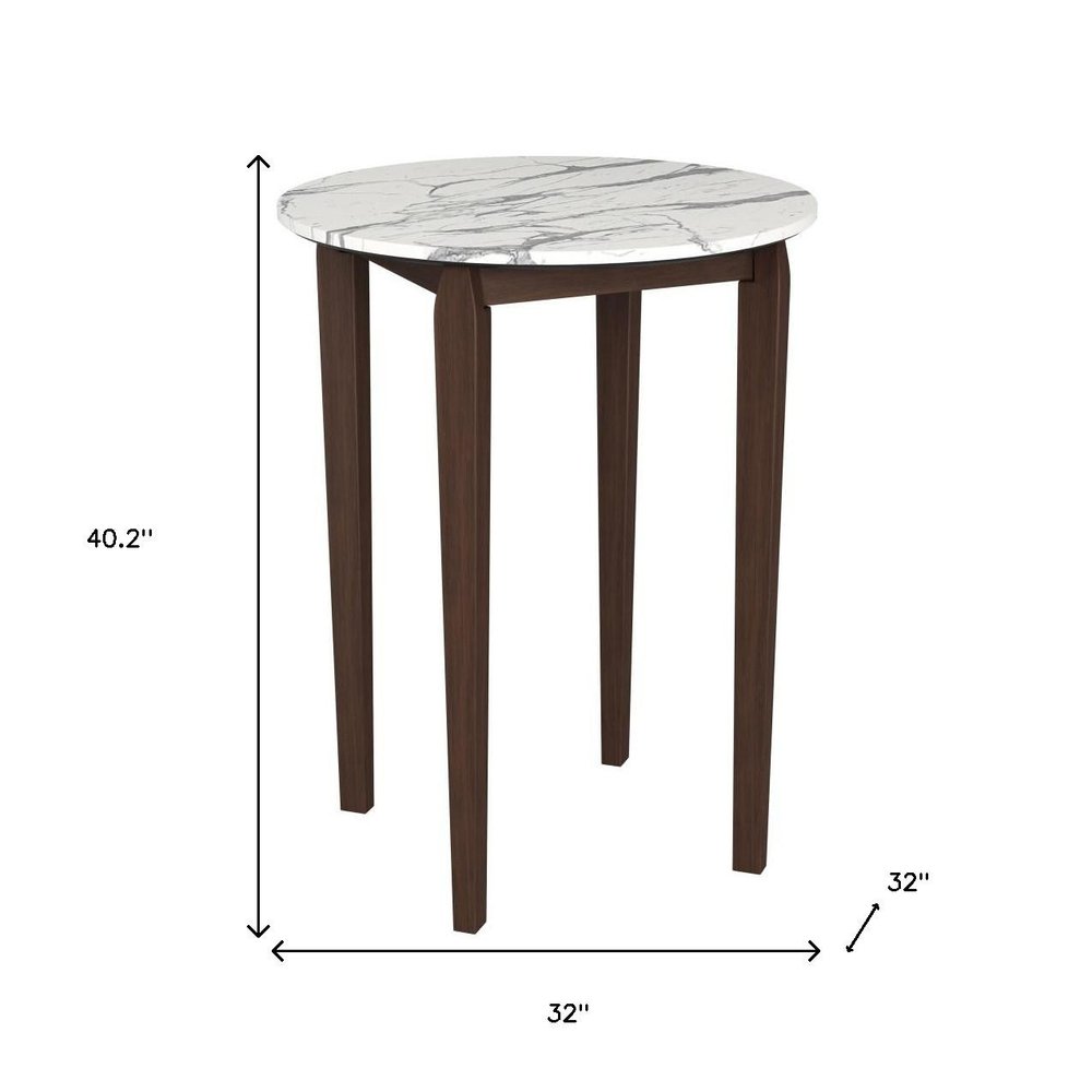 32" White and Brown Faux Marble and Solid Wood Rounded Bar Table HomeRoots
