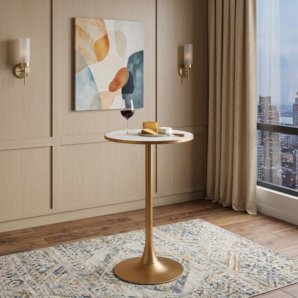 24" Beige and Gold Faux Terrazzo and Steel Rounded Bar Table HomeRoots