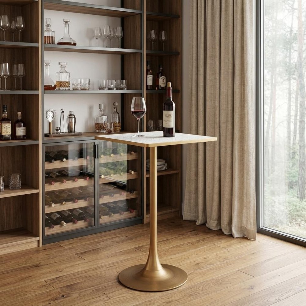 24" Beige and Gold Faux Terrazzo and Steel Square Bar Table HomeRoots