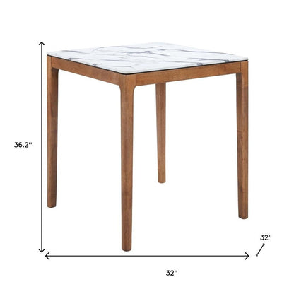 32" White and Natural Faux Marble and Solid Wood Square Bar Table HomeRoots