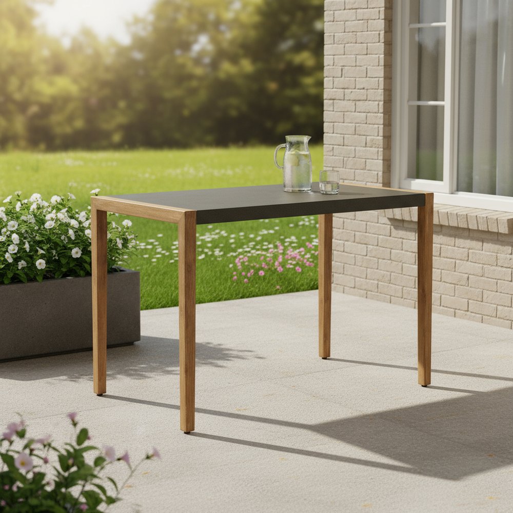 56" Gray And Natural Faux Concrete And Solid Wood Outdoor Bar Table HomeRoots