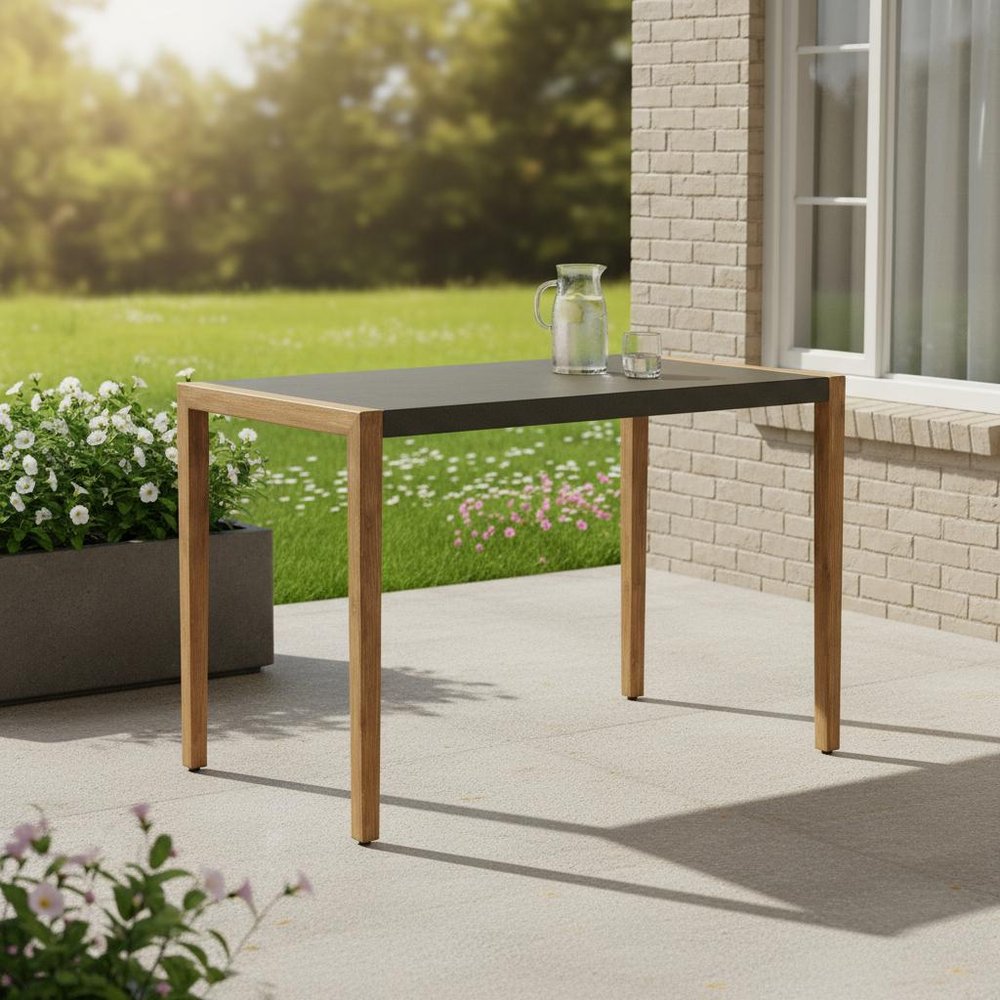 56" Gray And Natural Faux Concrete And Solid Wood Outdoor Bar Table HomeRoots
