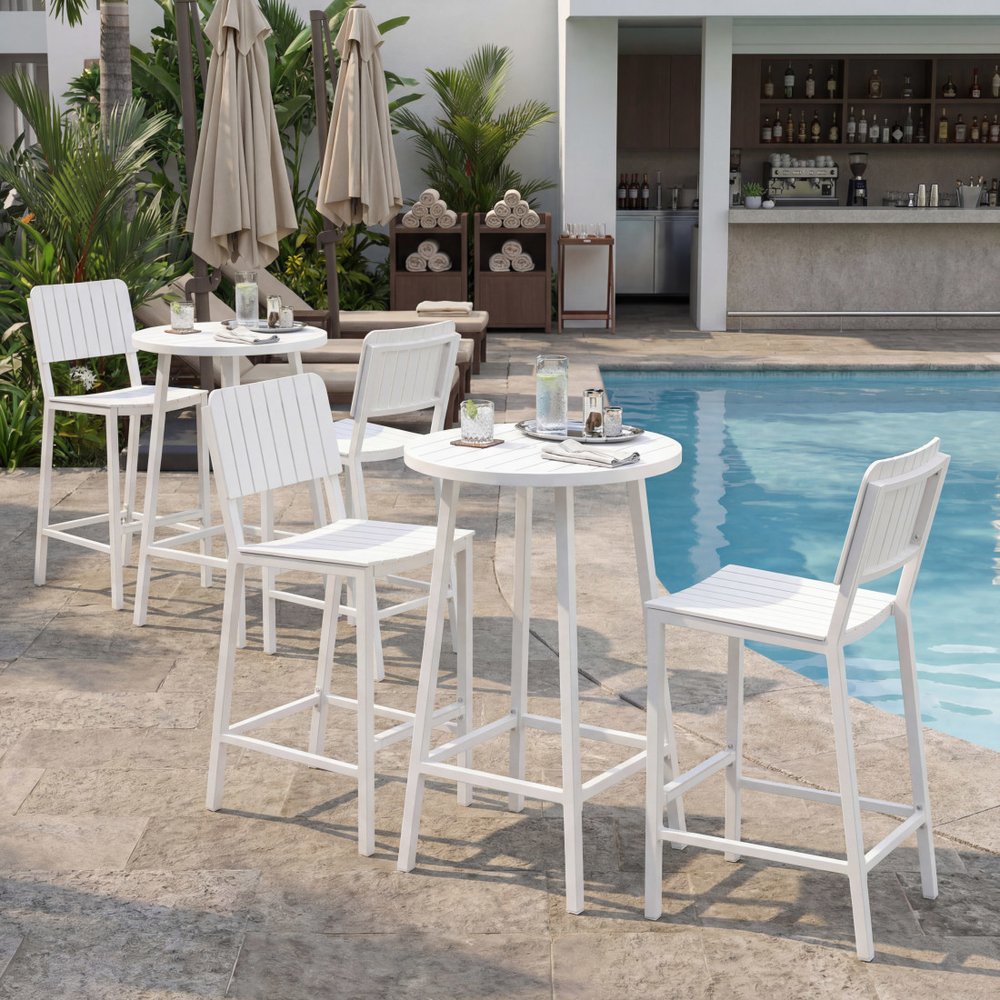 24" White Aluminum Slat Rounded Outdoor Bar Table HomeRoots