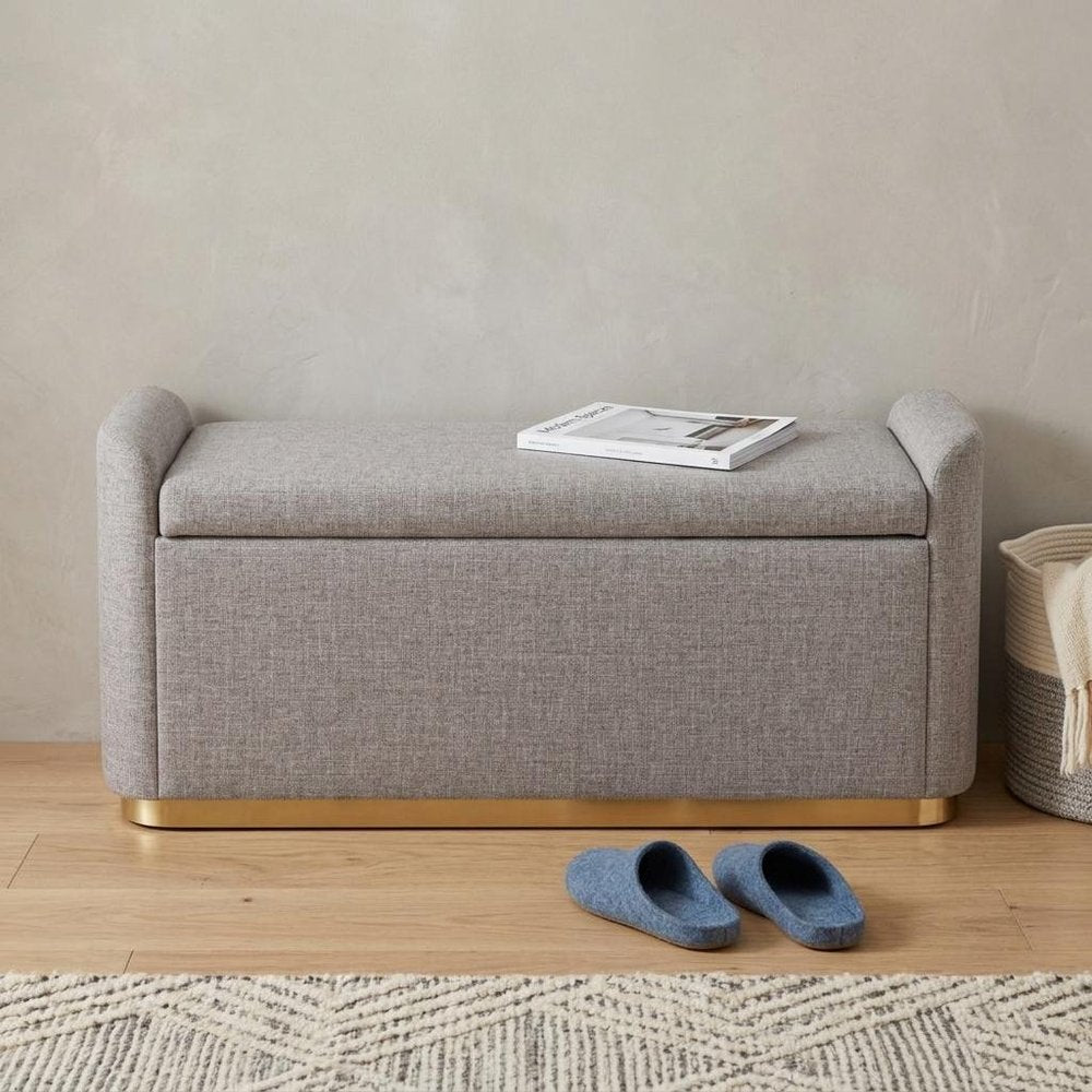 48" Gray And Gold Fabric Upholstered Storage Bench With Flip Top — view 1