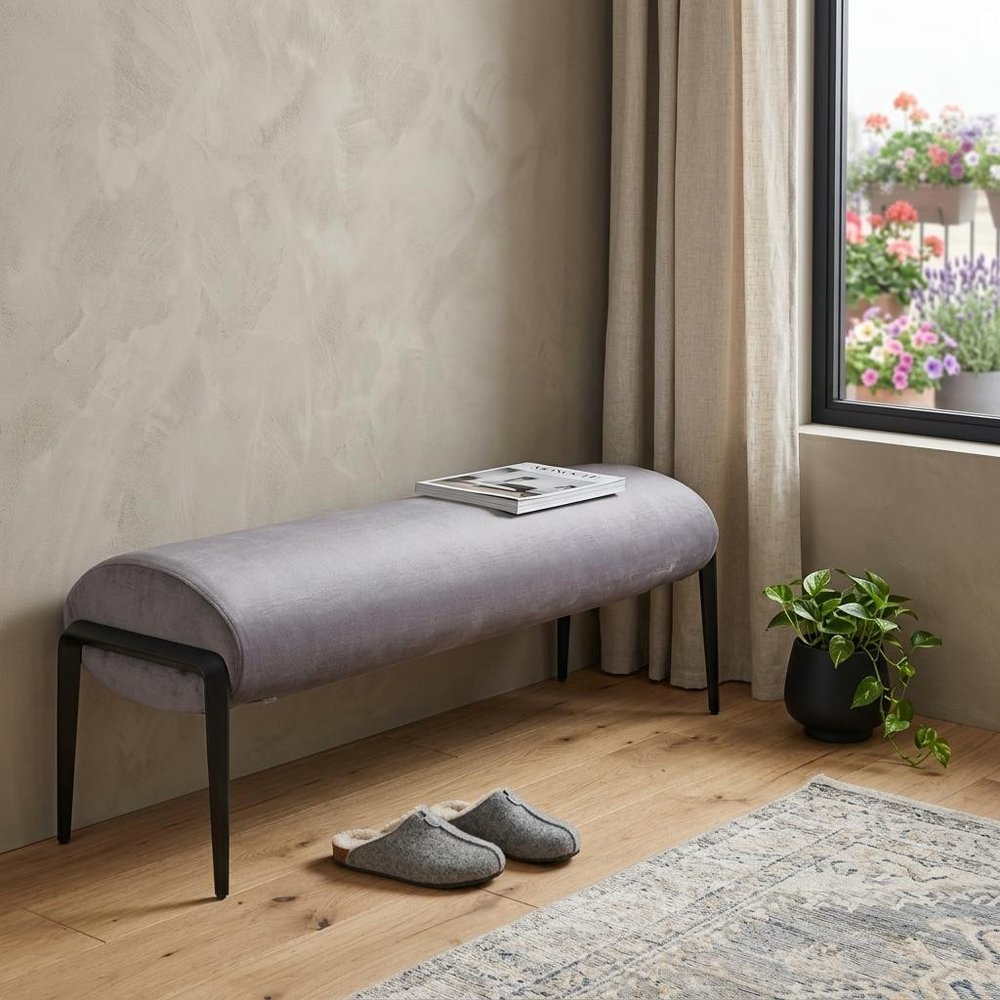 54" Gray And Black Velvet And Steel Upholstered Specialty Bench HomeRoots