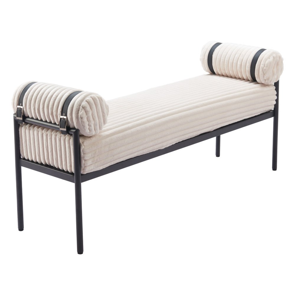 55" Cream and Black Corduroy and Steel Upholstered Bench HomeRoots