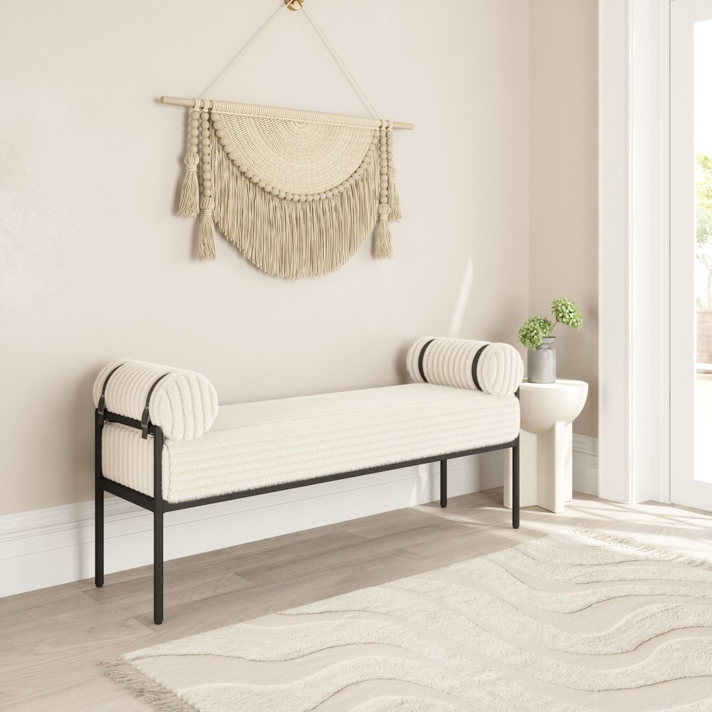 55" Cream and Black Corduroy and Steel Upholstered Bench — view 6