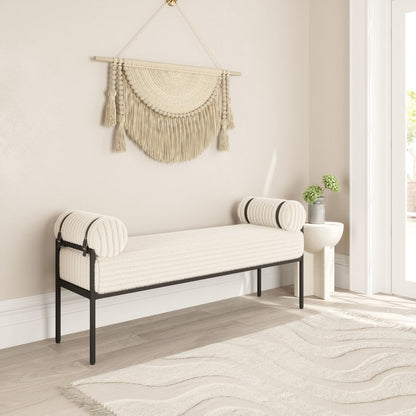 55" Cream and Black Corduroy and Steel Upholstered Bench HomeRoots