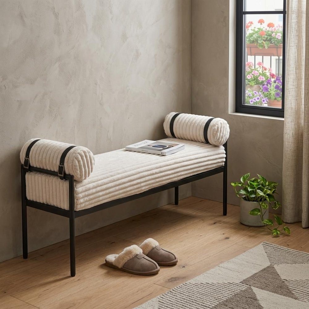 55" Cream And Black Corduroy And Steel Upholstered Bench