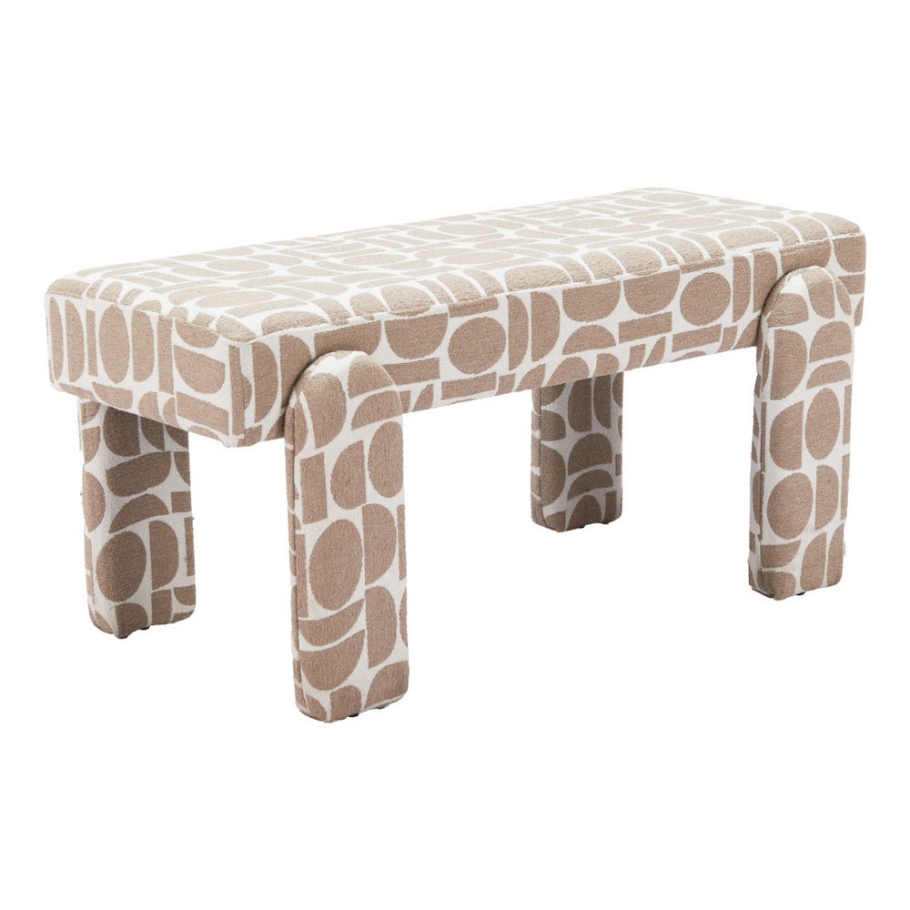 40" Beige And Brown Geometric Fabric Plastic And Solid Wood Upholstered Dining Bench — view 4