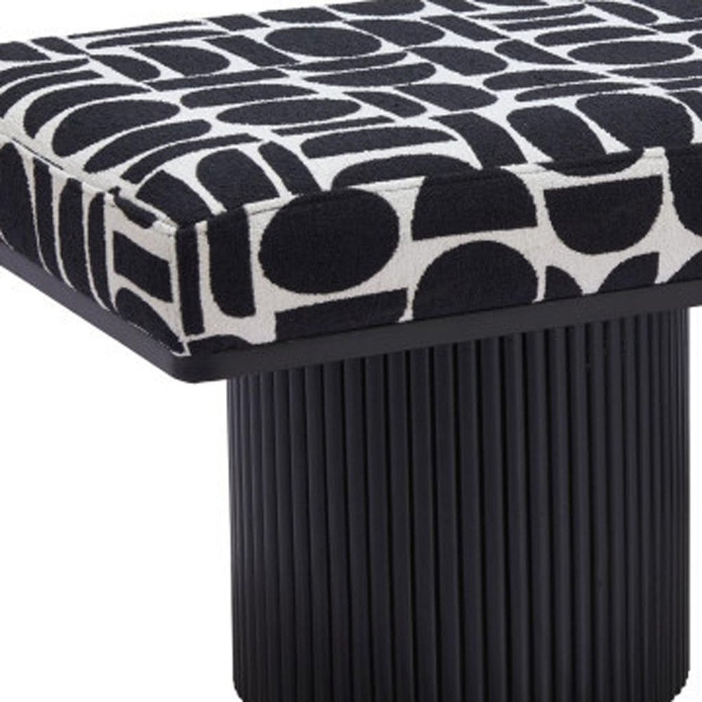 49" Black And White Geometric Fabric And Solid Wood Upholstered Bench — view 1
