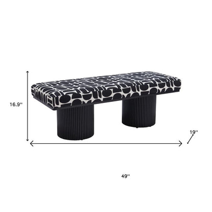 49" Black And White Geometric Fabric and Solid Wood Upholstered Bench HomeRoots