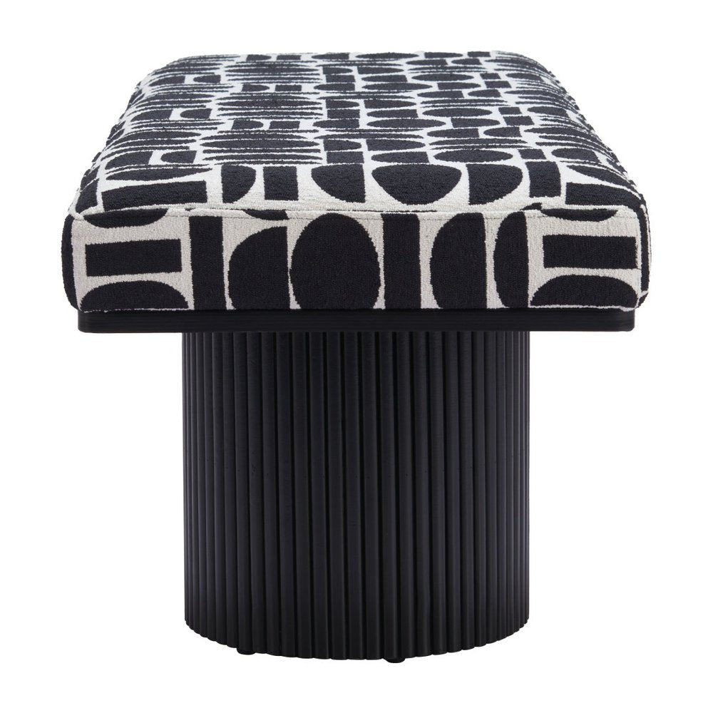 49" Black And White Geometric Fabric And Solid Wood Upholstered Bench — view 3