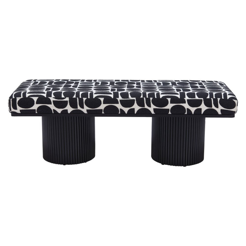 49" Black And White Geometric Fabric And Solid Wood Upholstered Bench — view 4