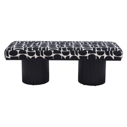 49" Black And White Geometric Fabric and Solid Wood Upholstered Bench HomeRoots