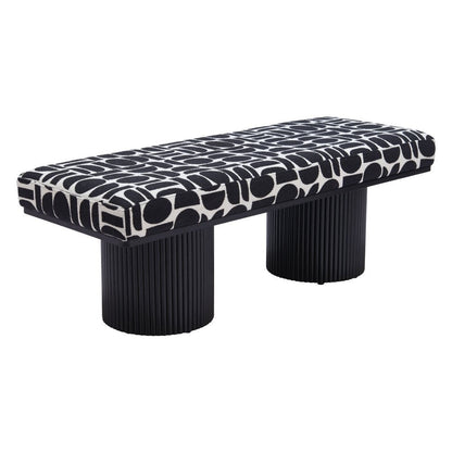 49" Black And White Geometric Fabric and Solid Wood Upholstered Bench HomeRoots