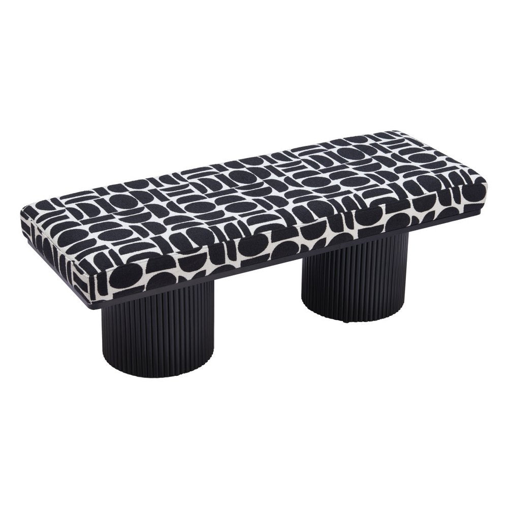 49" Black And White Geometric Fabric and Solid Wood Upholstered Bench — view 6
