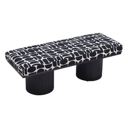 49" Black And White Geometric Fabric and Solid Wood Upholstered Bench HomeRoots