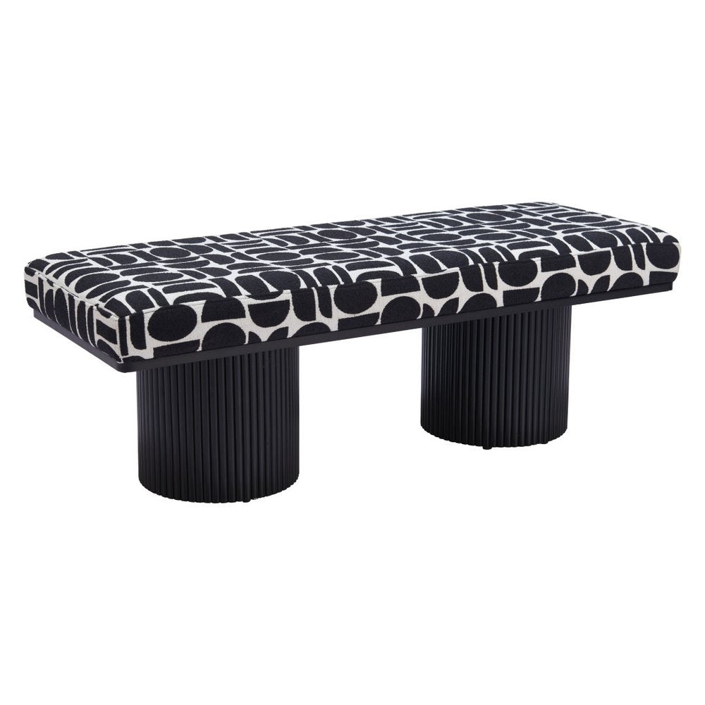 49" Black And White Geometric Fabric and Solid Wood Upholstered Bench — view 7