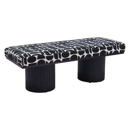 49" Black And White Geometric Fabric and Solid Wood Upholstered Bench HomeRoots