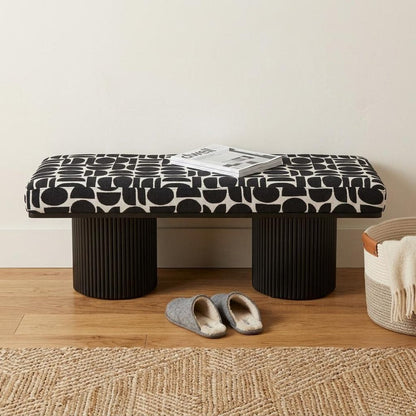 49" Black And White Geometric Fabric and Solid Wood Upholstered Bench HomeRoots