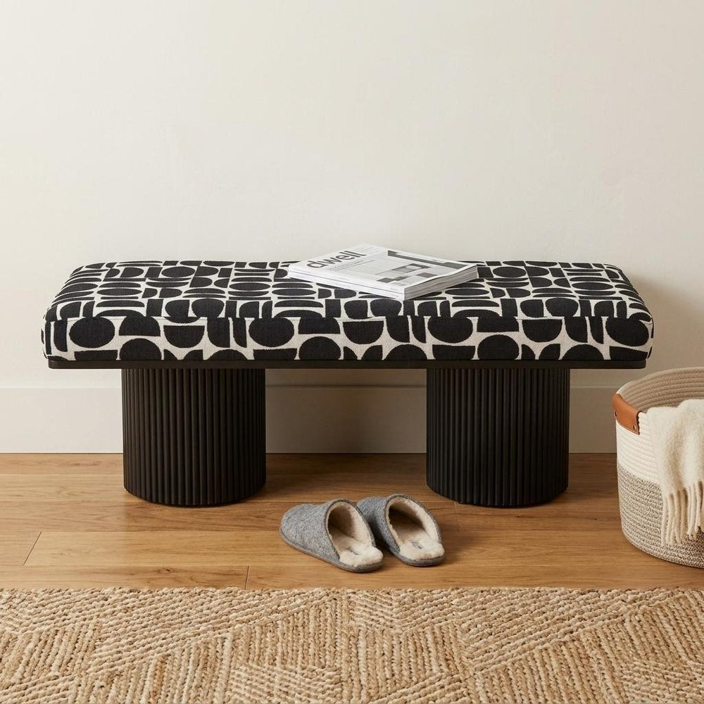 49" Black And White Geometric Fabric And Solid Wood Upholstered Bench — view 10