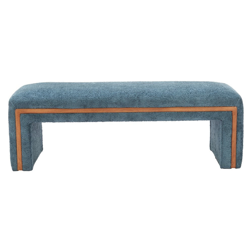 56" Blue And Brown Fabric And Solid Wood Upholstered Bench HomeRoots
