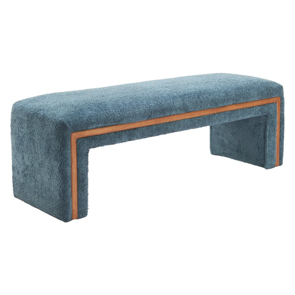 56" Blue And Brown Fabric And Solid Wood Upholstered Bench HomeRoots