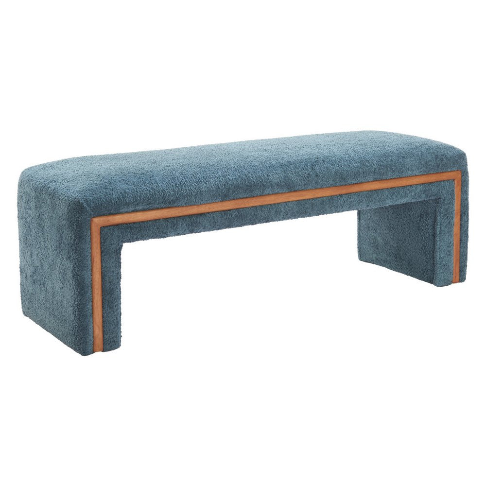 56" Blue And Brown Fabric And Solid Wood Upholstered Bench — view 4