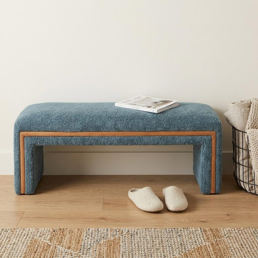 56" Blue And Brown Fabric And Solid Wood Upholstered Bench — view 6