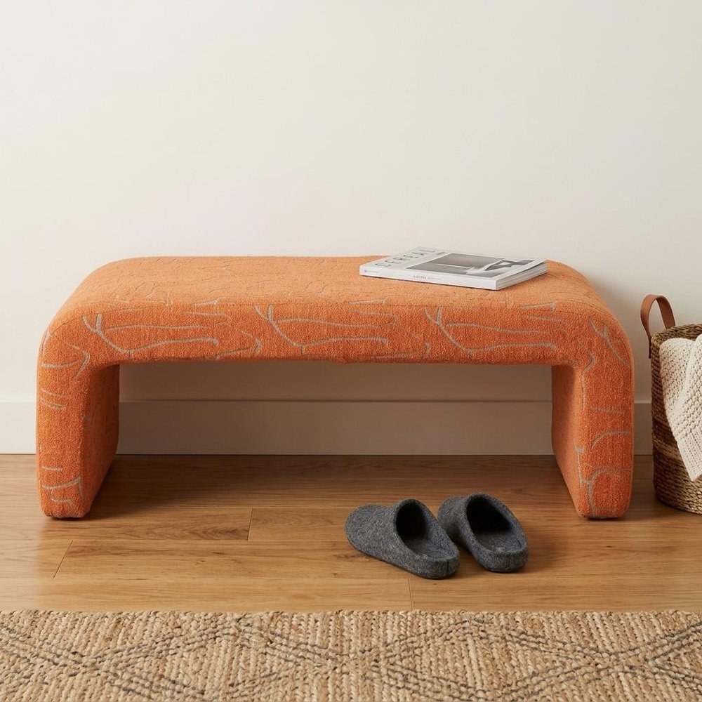 50" Orange Fabric Abstract Curvy Upholstered Bench — view 8