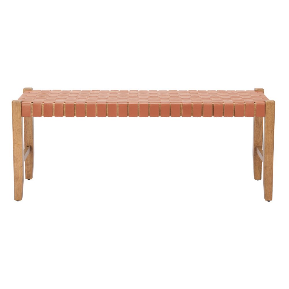 48" Brown And Natural Genuine Leather And Solid Wood Upholstered Dining Bench