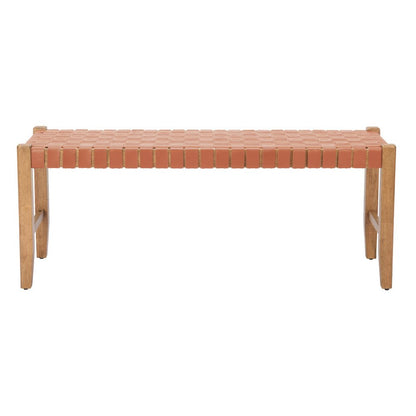 48" Brown And Natural Genuine Leather And Solid Wood Upholstered Dining Bench